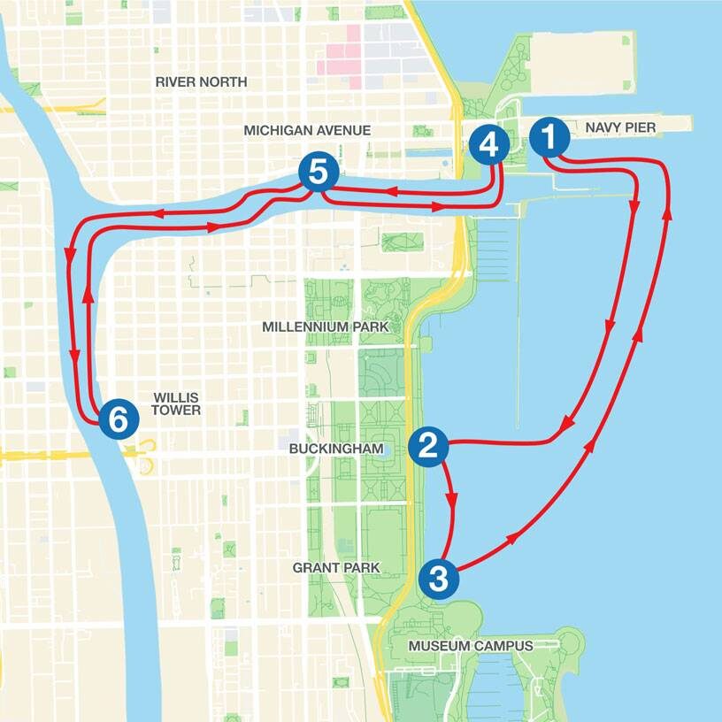The route of Shoreline Sightseeing Water Taxis that run from Navy Pier (1) to the Museum Campus (3). Image credit: Shoreline Sightseeing