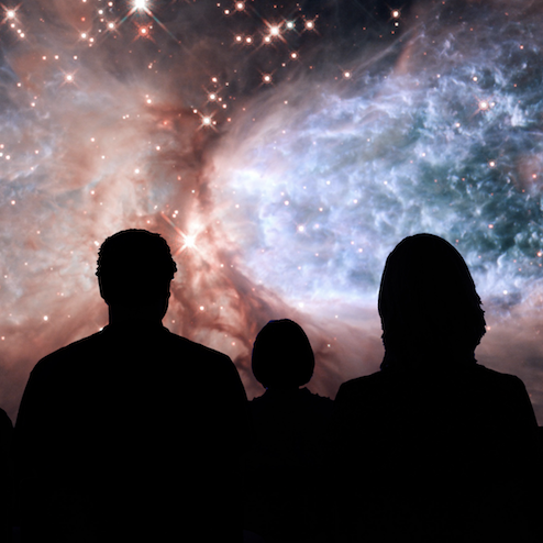Three silhouettes in front of a blue and pink image of a nebula in one of the dome theaters at the Adler Planetarium.