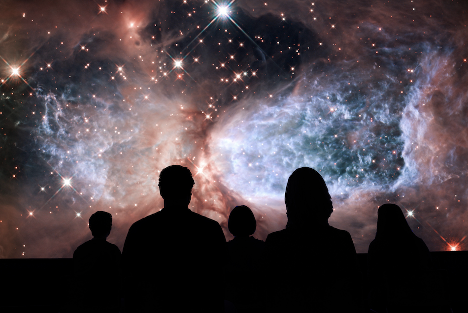 Four silhouettes in front of a blue and pink image of a nebula in one of the dome theaters at the Adler Planetarium.