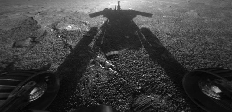 This self-portrait of NASA's Mars Exploration Rover Opportunity comes courtesy of the Sun and the rover's front hazard-avoidance camera. Photo credit: NASA