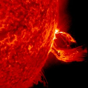A close up of a substantial coronal mass ejection, one type of solar storm, from June 2015. This image taken in an extreme ultraviolet wavelength shows a magnetic loop erupting on the solar surface. Credits: Solar Dynamics Observatory/NASA