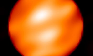 The spotty surface of Betelgeuse shown with two, large, bright, star spots. The spots potentially represent enormous convective cells rising from below the supergiant's surface. They are bright because they're hotter than the rest of the surface, but both spots and surface are cooler than the Sun.