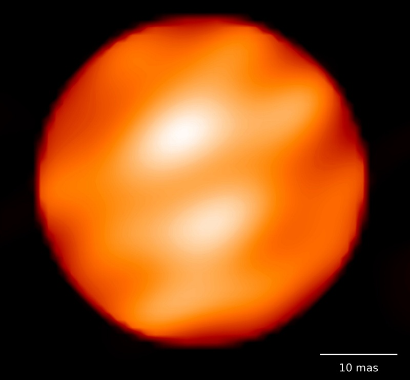 The spotty surface of Betelgeuse shown with two, large, bright, star spots. The spots potentially represent enormous convective cells rising from below the supergiant's surface. They are bright because they're hotter than the rest of the surface, but both spots and surface are cooler than the Sun.