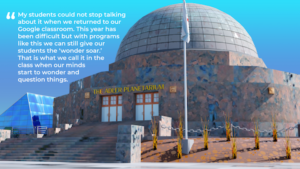 Digitized version of the Adler Planetarium building as seen in the Virtual Field trip world with a pull quote.