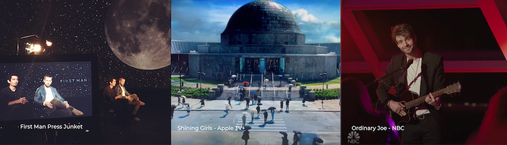 Three rectangular photos. The first features Ryan Gosling and Damian Chazelle at the press junket for First Man with a projection of the Moon behind them in the Grainger Sky Theater. Middle is a still shot of the exterior of the Adler showing the dome and front steps with people walking up to the Planetarium with umbrellas. This is a scene from Shining Girls, an Apple TV+ series that was shot at the Adler and the Adler was written into the script. The last picture features "Ordinary Joe" lead actor playing a guitar at night in the solarium for the NBC series, Ordinary Joe.