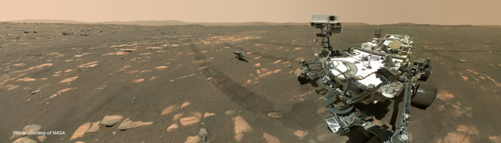 Photo of Mars Perseverance Rover and Ingenuity helicopter on Mars.