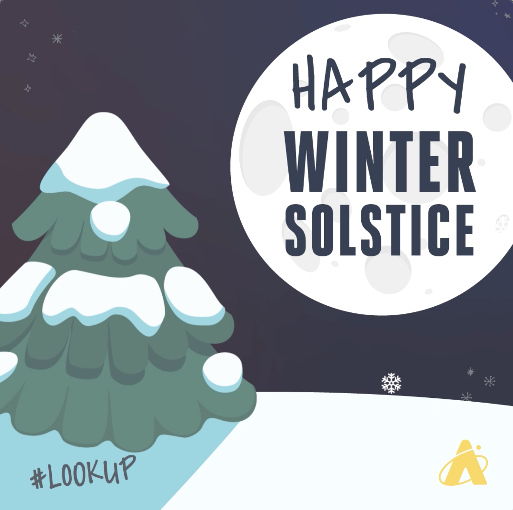 Adler Planetarium graphic illustrating a snow covered pine tree, a large Moon, and text that reads “HAPPY WINTER SOLSTICE”.