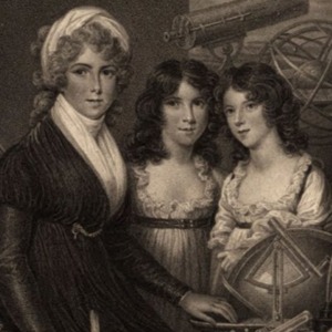 A portrait of 3 young women with neutral expressions, posing in front of a collection of telescopes and other astronomy objects.