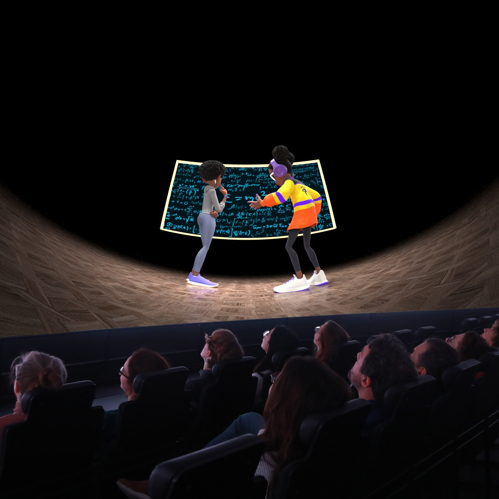 Audience sits in the Adler Planetarium’s Grainger Sky Theater watching Niyah and the Multiverse. Screen shows young Niyah meeting grown-up astrophysicist Niyah in the multiverse where they discuss multiverse theory in front of a blackboard with equations written on them.