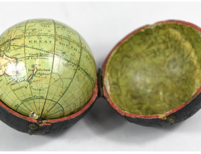 Pocket globe by Thomas Lane (London, c. 1830), Adler Planetarium collections. This globe was symbolically taken aboard Space Shuttle Discovery in 1999 during the mission STS-103.
