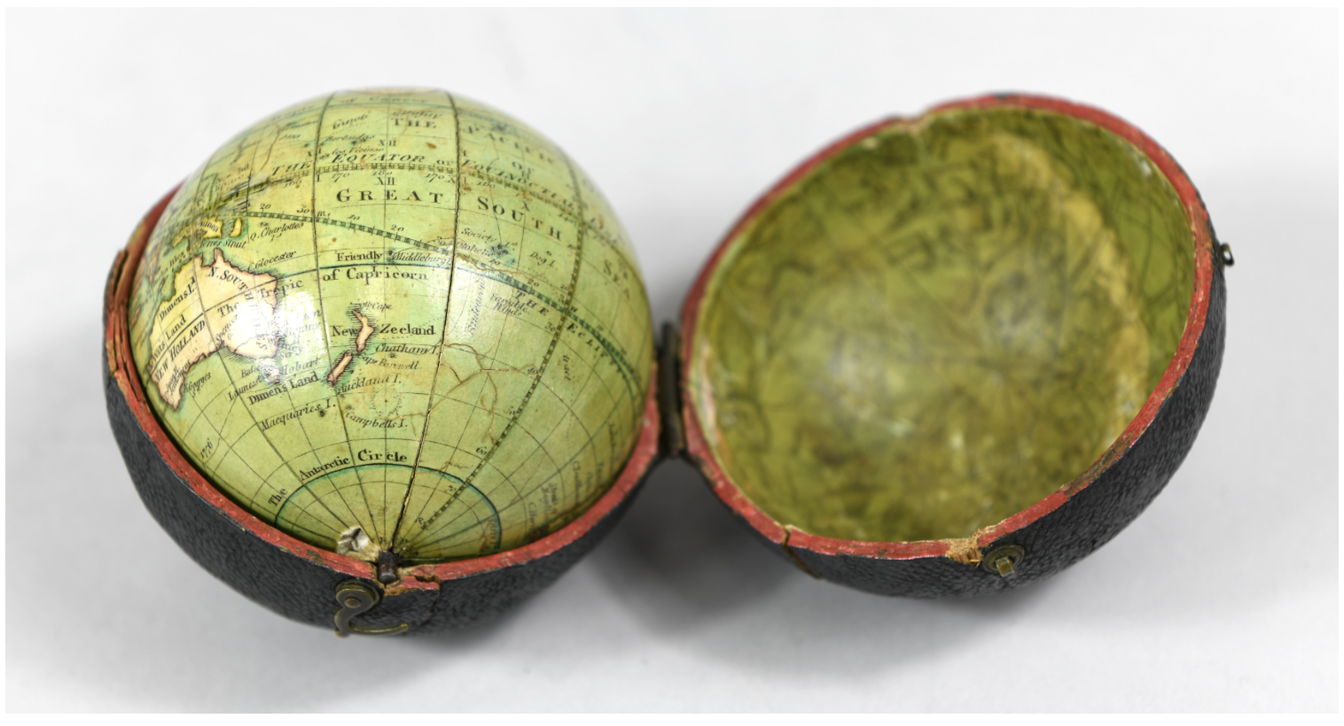 Pocket globe by Thomas Lane (London, c. 1830), Adler Planetarium collections. This globe was symbolically taken aboard Space Shuttle Discovery in 1999 during the mission STS-103. 