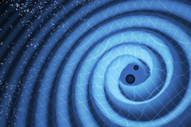 Illustration of gravitational waves after a merger of two black holes. Gravitational waves ripple outward as the black holes spiral toward each other. Image credit: LIGO/T. Pyle