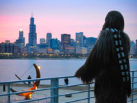 Chewbacca standing outside the Adler Planetarium looking out at the Chicago skyline during an Adler After Dark event. Image Credit: Katie Sater
