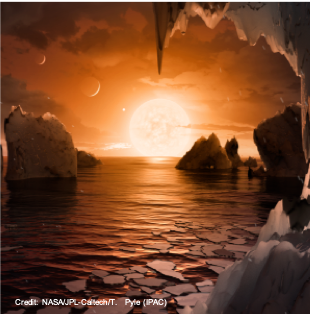 This illustration shows the possible surface of TRAPPIST-1f. Credit: NASA/JPL