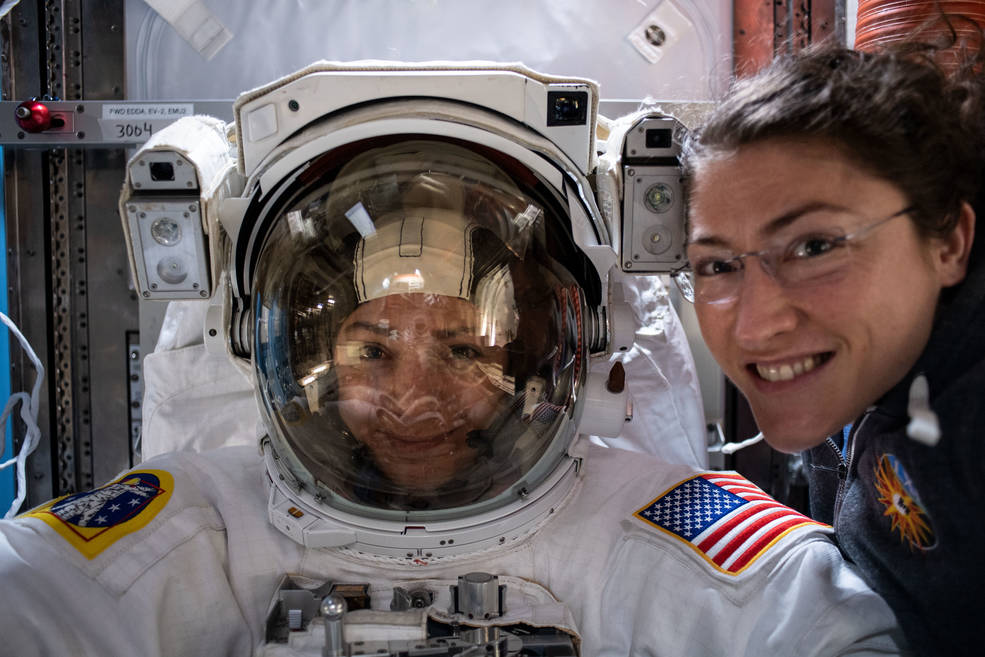 Astronauts Meir and Koch getting ready for the first all-female spacewalk.