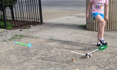 Create your own stomp rocket with supplies from around your house and launch it outside!