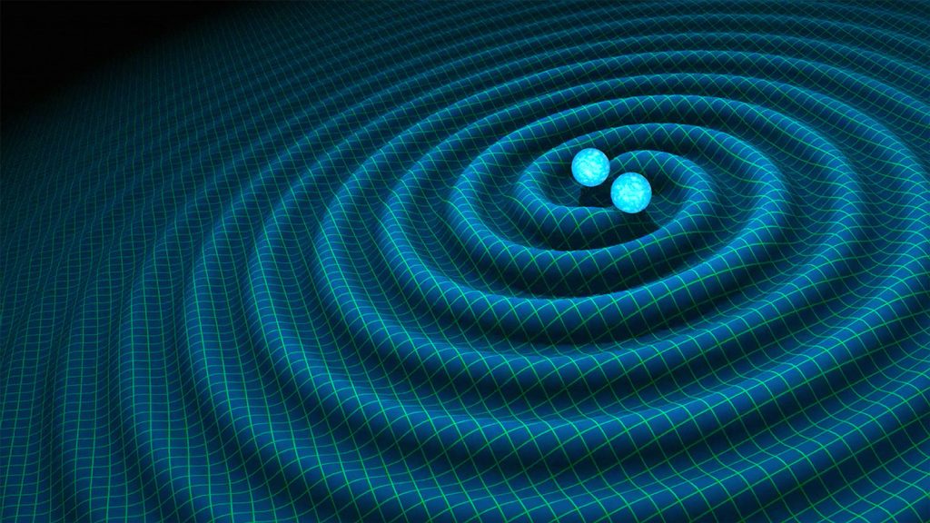 Artist concept of gravitational waves involving the collision of binary neutron stars.