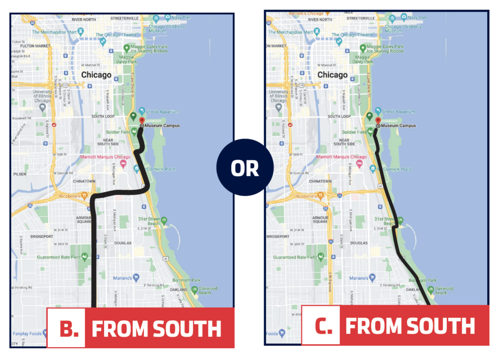 Maps depicting the best ways to drive to the Adler Planetarium from the south during the 2023 NASCAR Chicago Street Races.