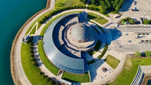 An aerial shot of the Adler Planetarium.