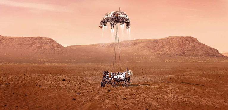 Illustration of Mars Perseverance landing on the Red Planet. Credit: NASA/JPL-Caltech