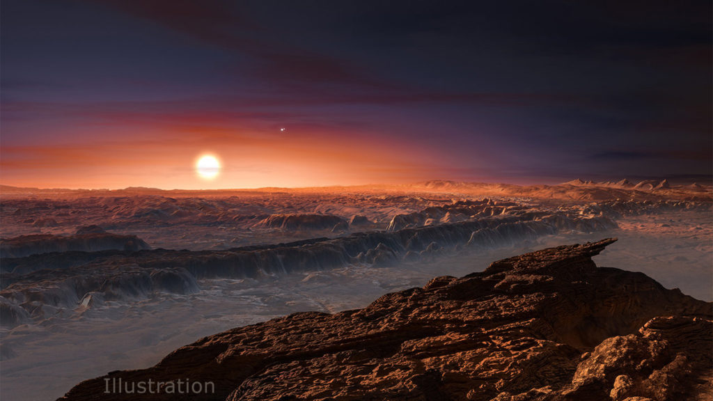 This artist's impression shows a view of the surface of the planet Proxima b.