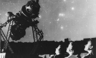 Header Image: Planetarium guests attend a sky show with the Zeiss Mk II projector at the Adler c. 1955. Image Credit: The Adler Planetarium Archives