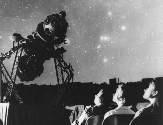 Header Image: Planetarium guests attend a sky show with the Zeiss Mk II projector at the Adler c. 1955. Image Credit: The Adler Planetarium Archives